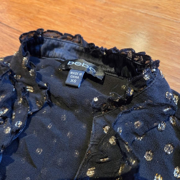 Vintage Bebe 72% Silk Gold Metallic Dot Blouse XS Black Y2K Ruffle Party Top - Picture 2 of 13